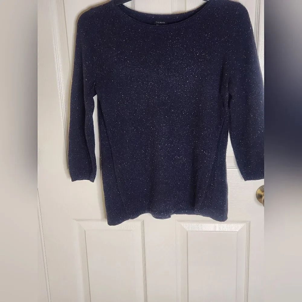 Talbots M Navy Blue Polka Dots 3/4 Sleeve Knit WOOL Blend Women’s Sweater